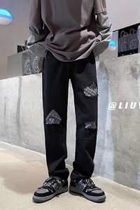 美式高街vibe风裤子欧美痞帅字母贴布毛边牛仔裤男小脚裤N349P43图片