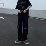 2022韩版ins复古宽松阔腿直筒牛仔裤做旧破洞长裤潮牌嘻哈G115P38，男装牛仔裤，星座1116-2