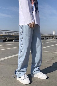 高街牛仔裤男ins潮牌绑带设计感直筒长裤N0867P48图片