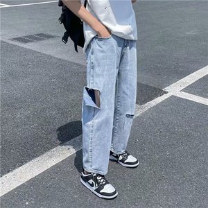 男士休闲牛仔裤膝盖破洞高街流行裤子图片
