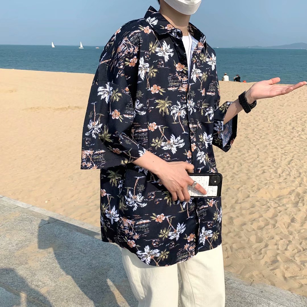 夏季新款男慵懒休闲衬衫五分袖衬衫海滩花纹外套薄上衣CS09,男装衬衫,星座1116-2