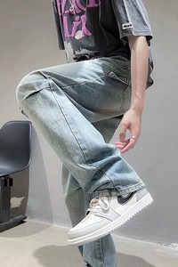 2022牛仔裤男宽松直筒青少年港风休闲阔腿牛仔裤N9009P45图片