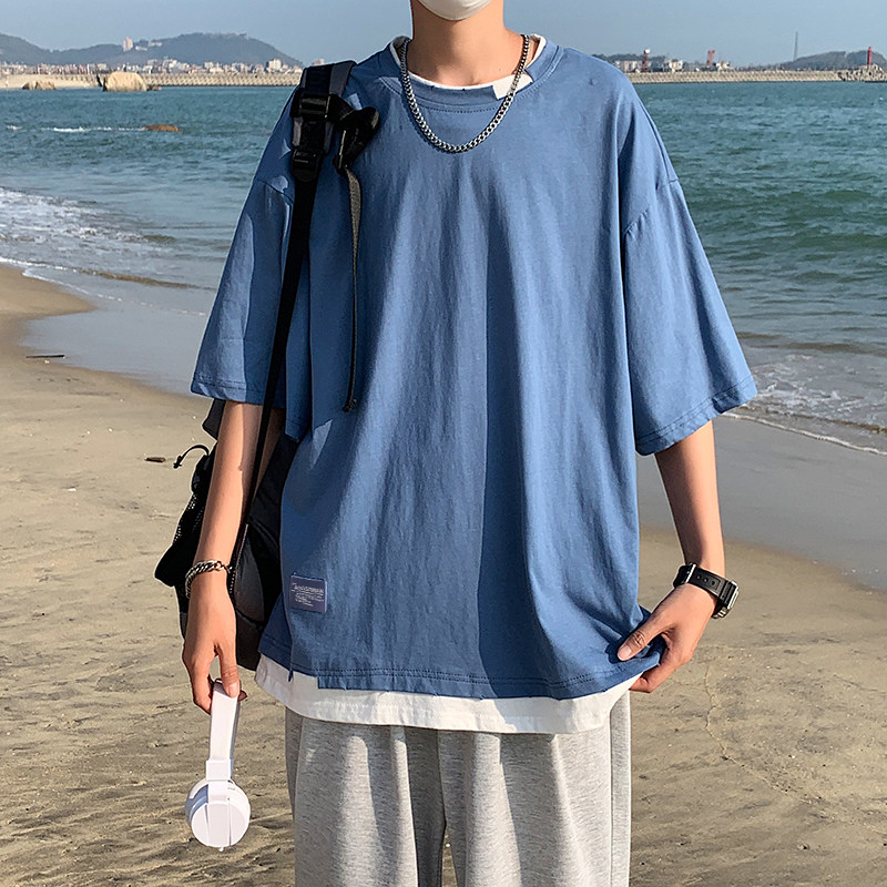 男士短袖棉半袖宽松港风潮牌t恤假两件纯色T恤T132,男装T恤,星座1116-2