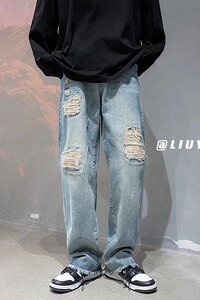 美式高街水洗做旧割破洞牛仔裤男ins潮牌欧美宽松直筒长裤N350P42图片