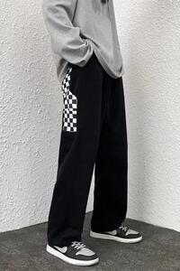 运动裤男春秋ins韩版宽松港风格子飘带九分直筒阔腿裤子KB06P38