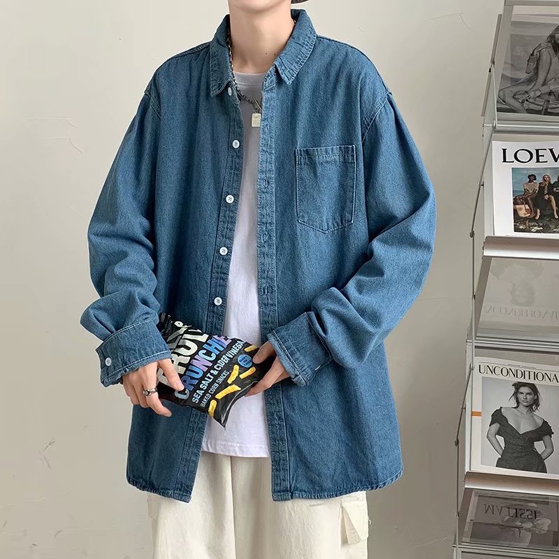 复古牛仔衬衫男秋季韩版潮流帅气宽松休闲长袖C601P40图片