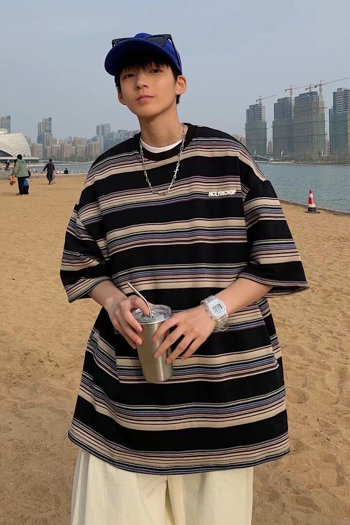 五分袖条纹青春流行男夏季宽松型圆领潮流潮城市风貌T恤BC007P25,男装T恤,星座1116-2