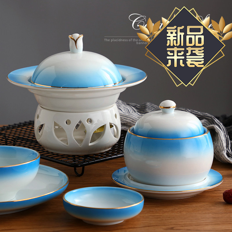 包邮中式酒店餐厅陶瓷金边燕窝带盖甜品碗蜡烛加热一位翅炖盅连炉