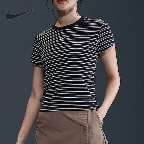 Nike/耐克正品2025女士舒适条纹休闲圆领透气日常T恤HF9525-010