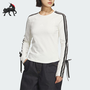 Adidas/阿迪达斯正品2025女士运动针织修身蝴蝶结长袖T恤KG3861