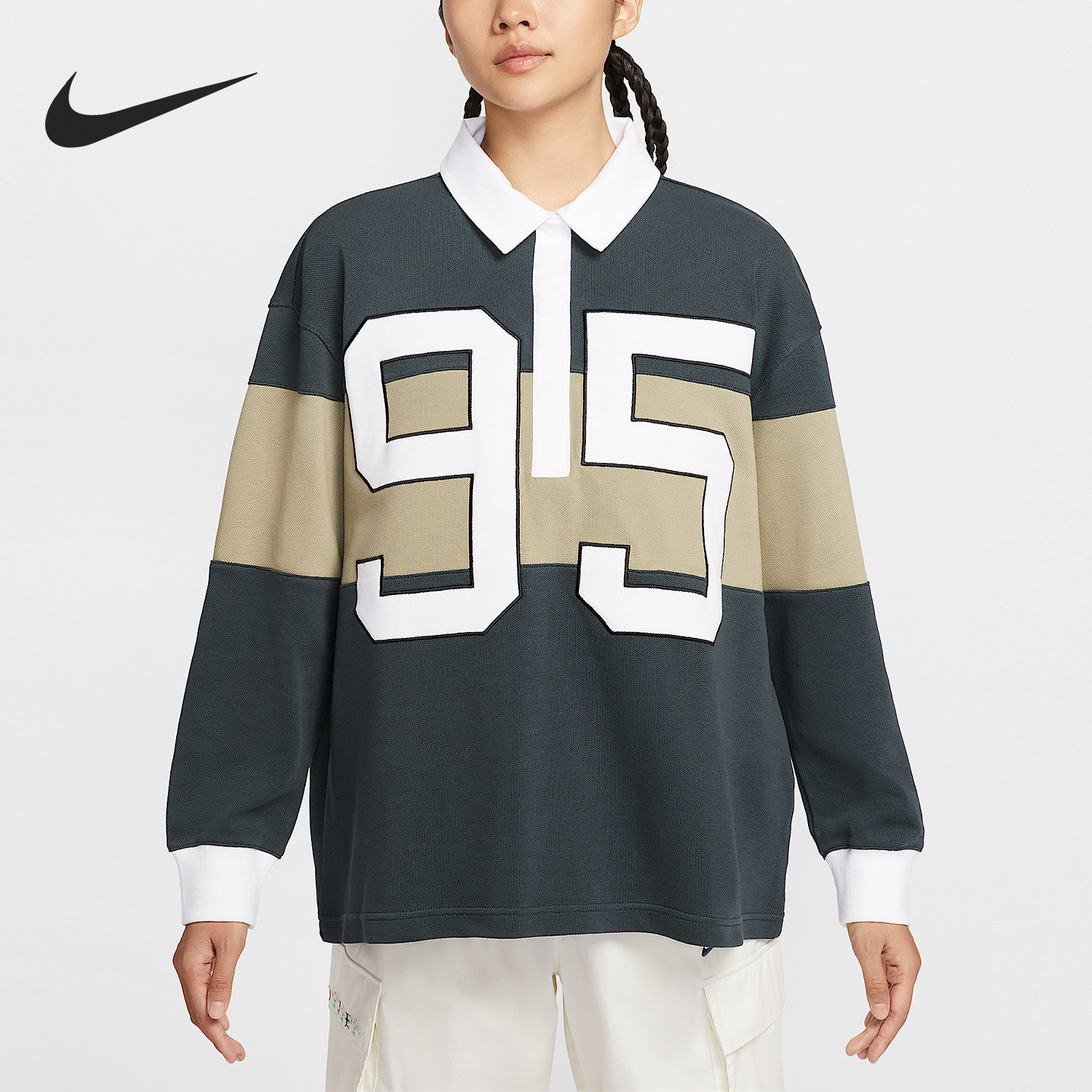 Nike/耐克官方正品春秋女士复古宽松拼接长袖POLO衫HV4034-390,运动服/休闲服装,运动POLO衫,淘宝优惠券,粉丝福利购,淘宝优惠卷
