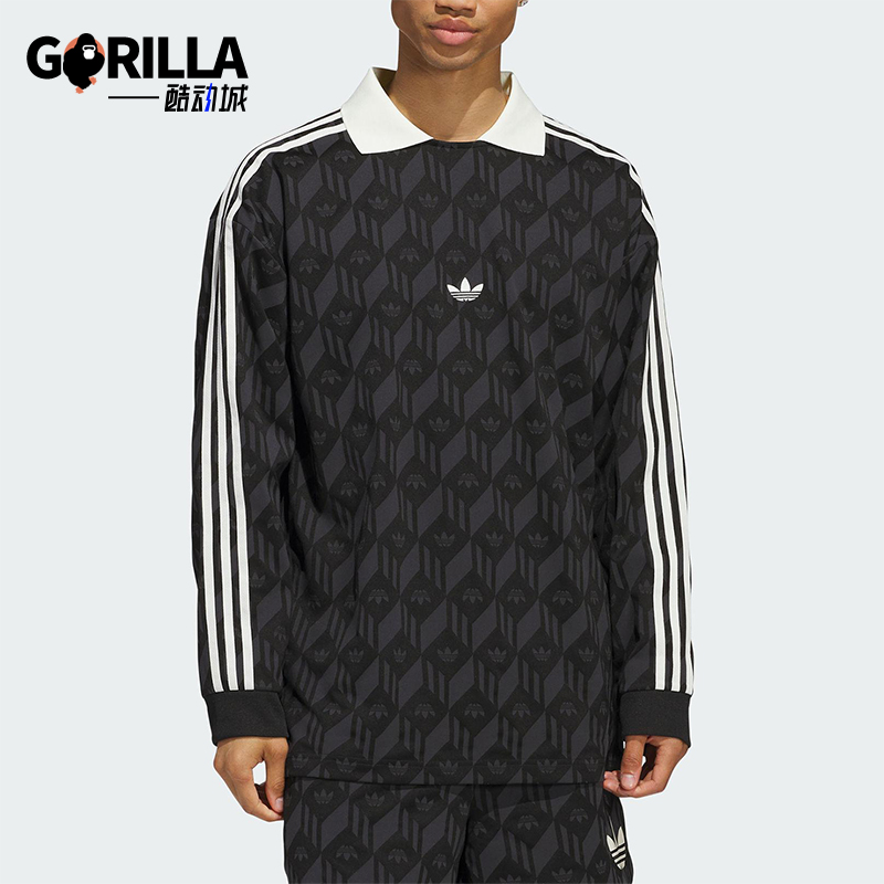 Adidas/阿迪达斯正品三叶草男女同款印花复古翻领长袖T恤JD5196