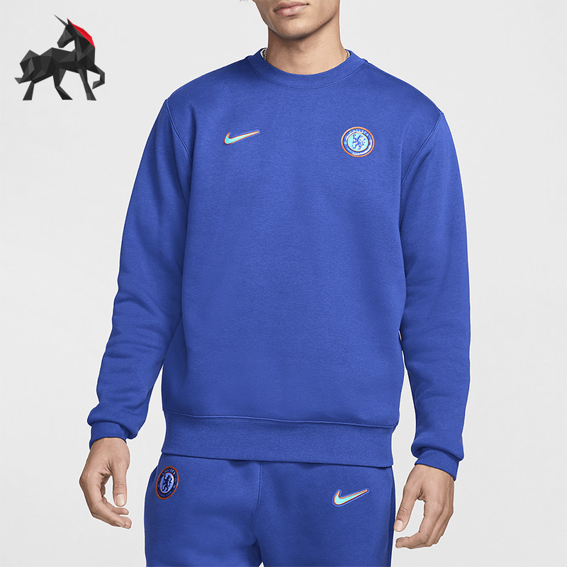 Nike/耐克正品Club男士加绒印花足球圆领运动卫衣FQ3008-495