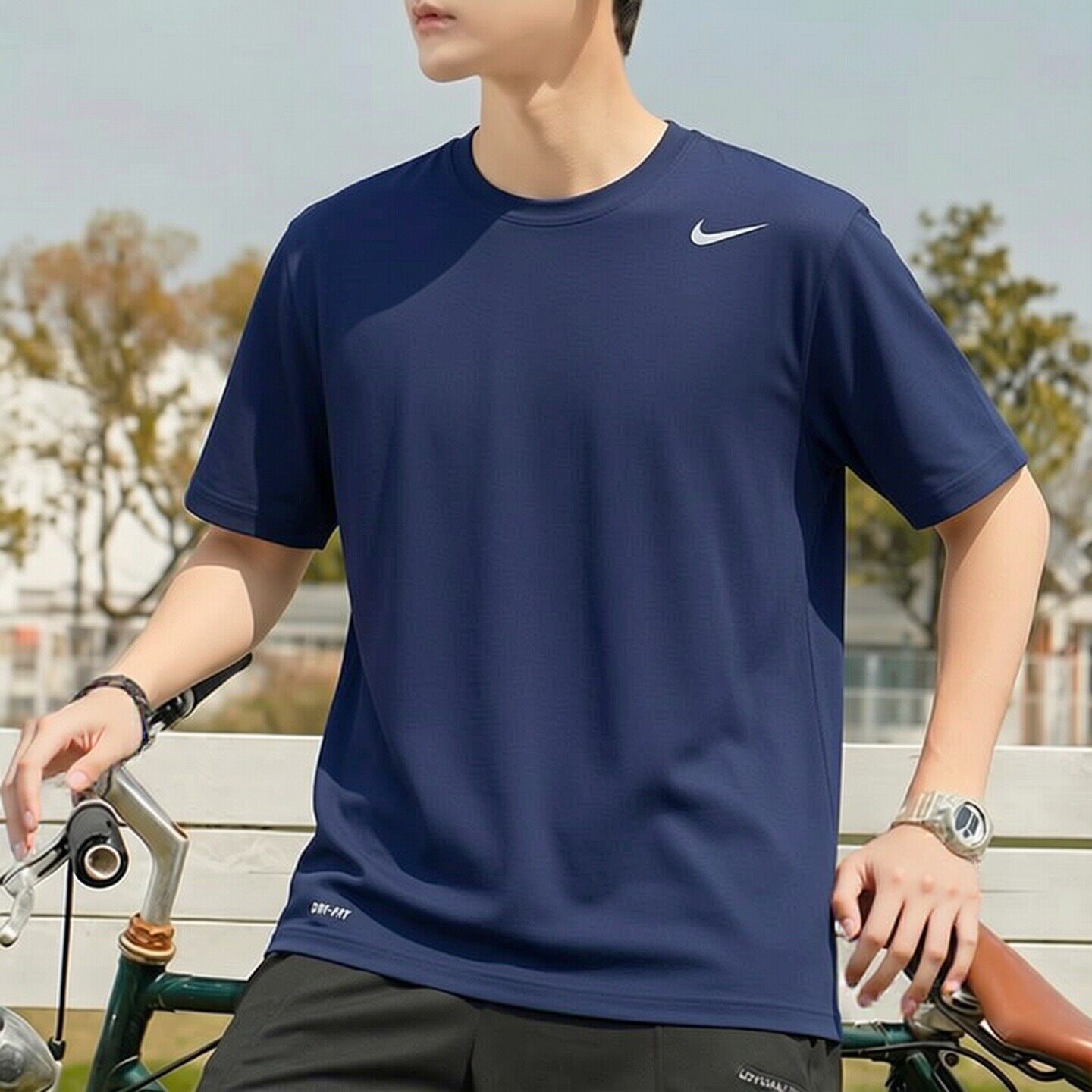 Nike耐克新款藏蓝色短袖男士冰丝T恤速干跑步运动服轻薄健身上衣