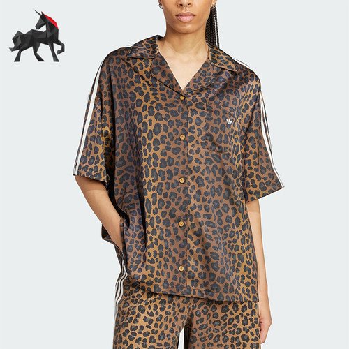 Adidas/阿迪达斯正品三叶草女士经典豹纹缎面时尚翻领衬衫KA2678