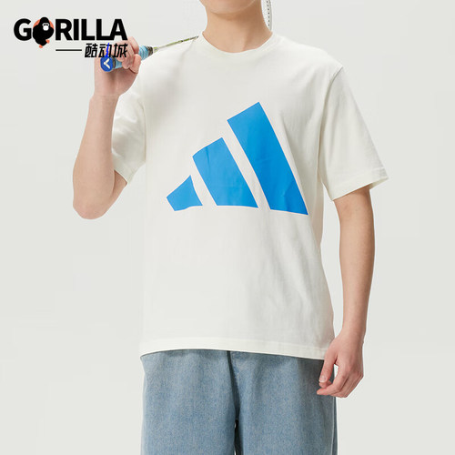 Adidas/阿迪达斯正品圆领短袖T恤新款男白蓝色经典短袖T恤KC0920