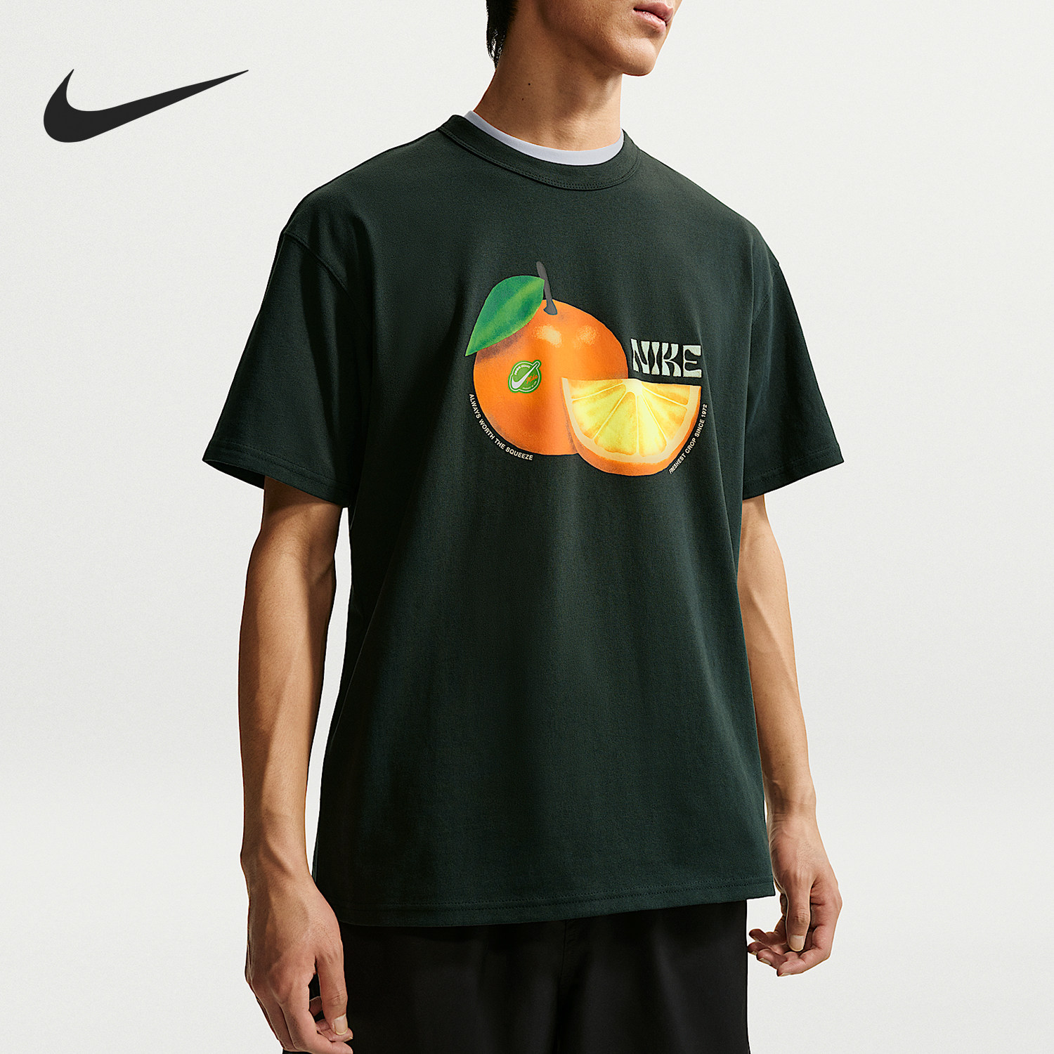 Nike耐克男生夏日深绿橘子印花短袖t恤运动透气百搭款IH1352-317