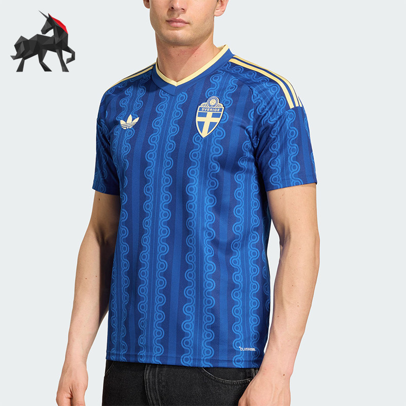 Adidas/阿迪达斯正品新款男蓝黄色足球V领足球经典短袖球衣JM5810