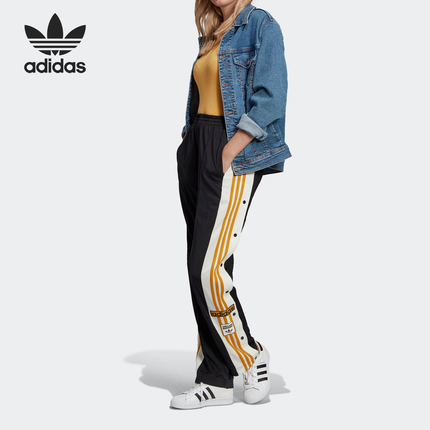 adidas/阿迪达斯正品三叶草侧开双排扣直筒纽扣女子长裤 gu6975