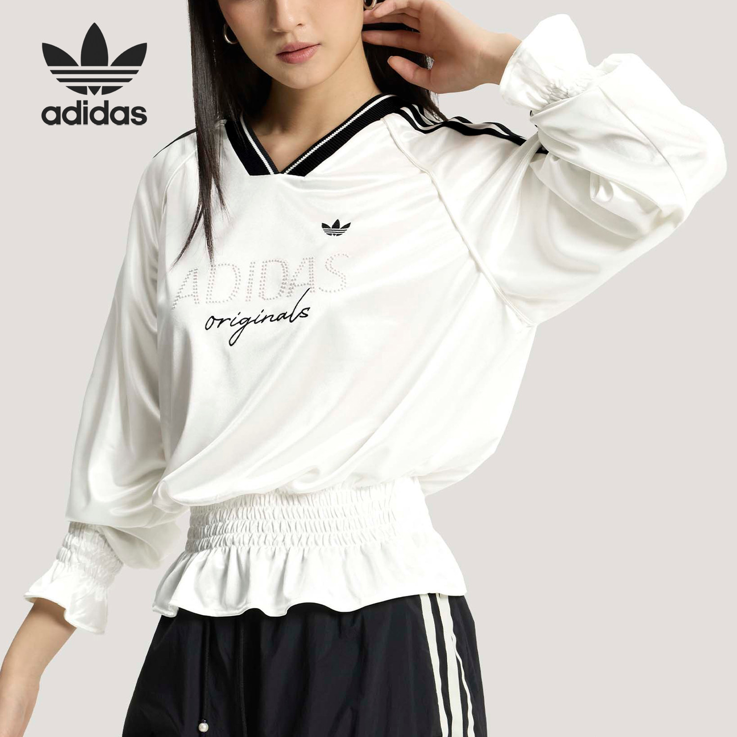 Adidas/阿迪达斯官方正品三叶草女士时尚休闲抽褶针织T恤KS2879 - 实物图