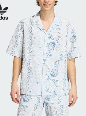 Adidas/阿迪达斯正品三叶草新款男白蓝色出行经典短袖衬衫KX1225