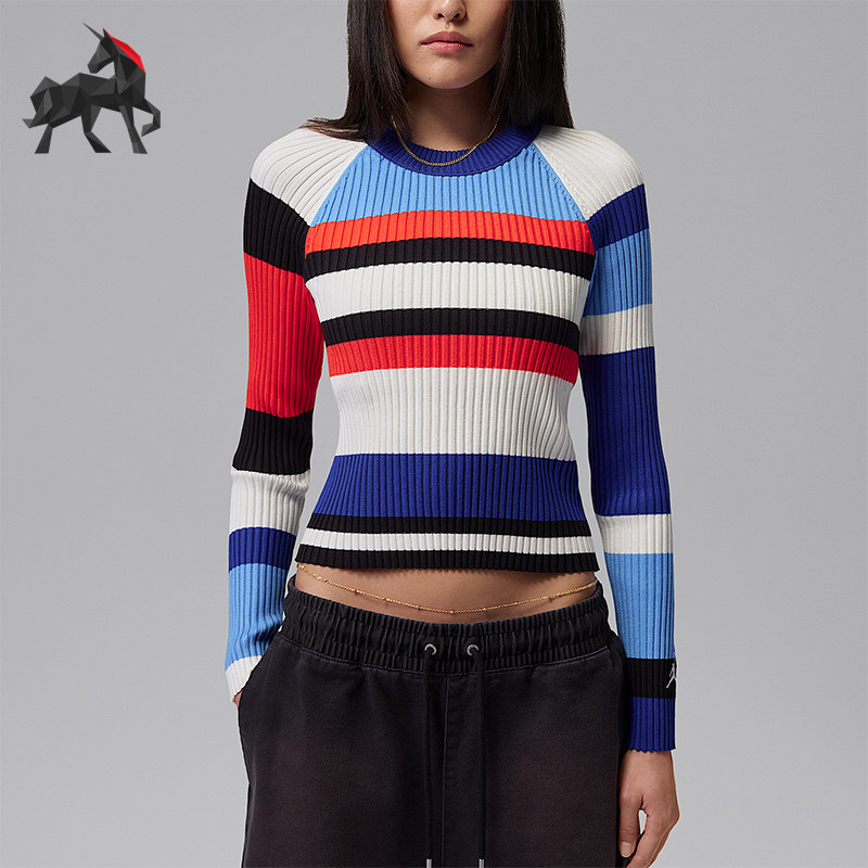 Nike/耐克正品JORDAN女士条纹针织圆领经典运动长袖T恤II7143-412
