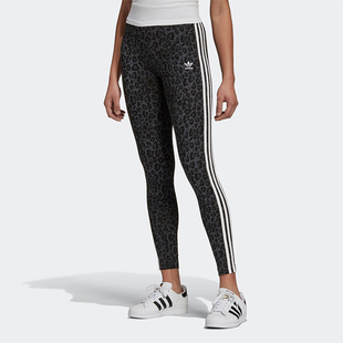 三叶草女士复古豹纹印花运动紧身长裤 HB4769 阿迪达斯正品 Adidas