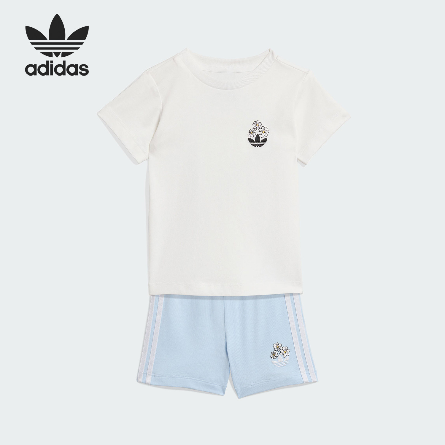 Adidas/阿迪达斯官方正品三叶草新款儿童白浅蓝色短袖套装KE047