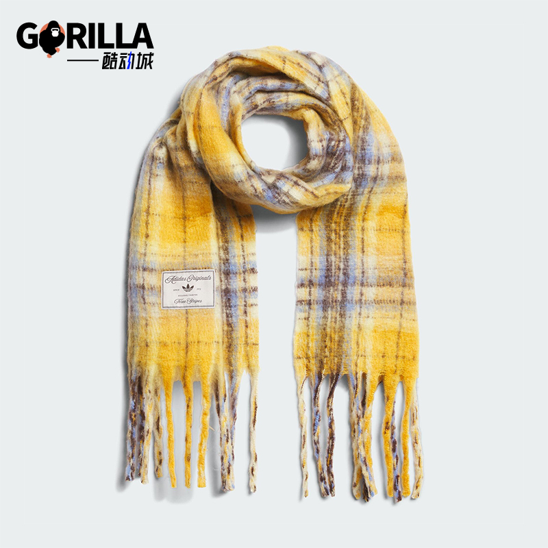 Adidas/阿迪达斯正品三叶草女士格纹绒面经典流苏运动围巾KV6601