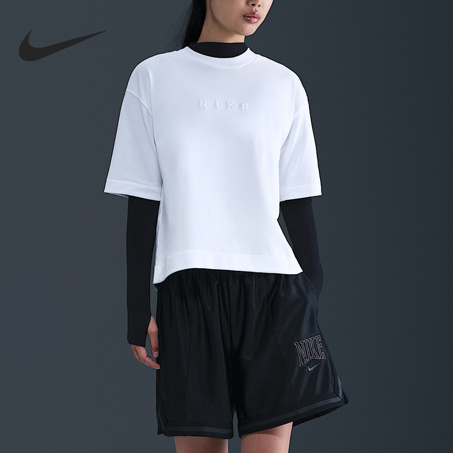 Nike/耐克官方正品夏季女士宽松运动刺绣LOGO透气短袖HV4956-100