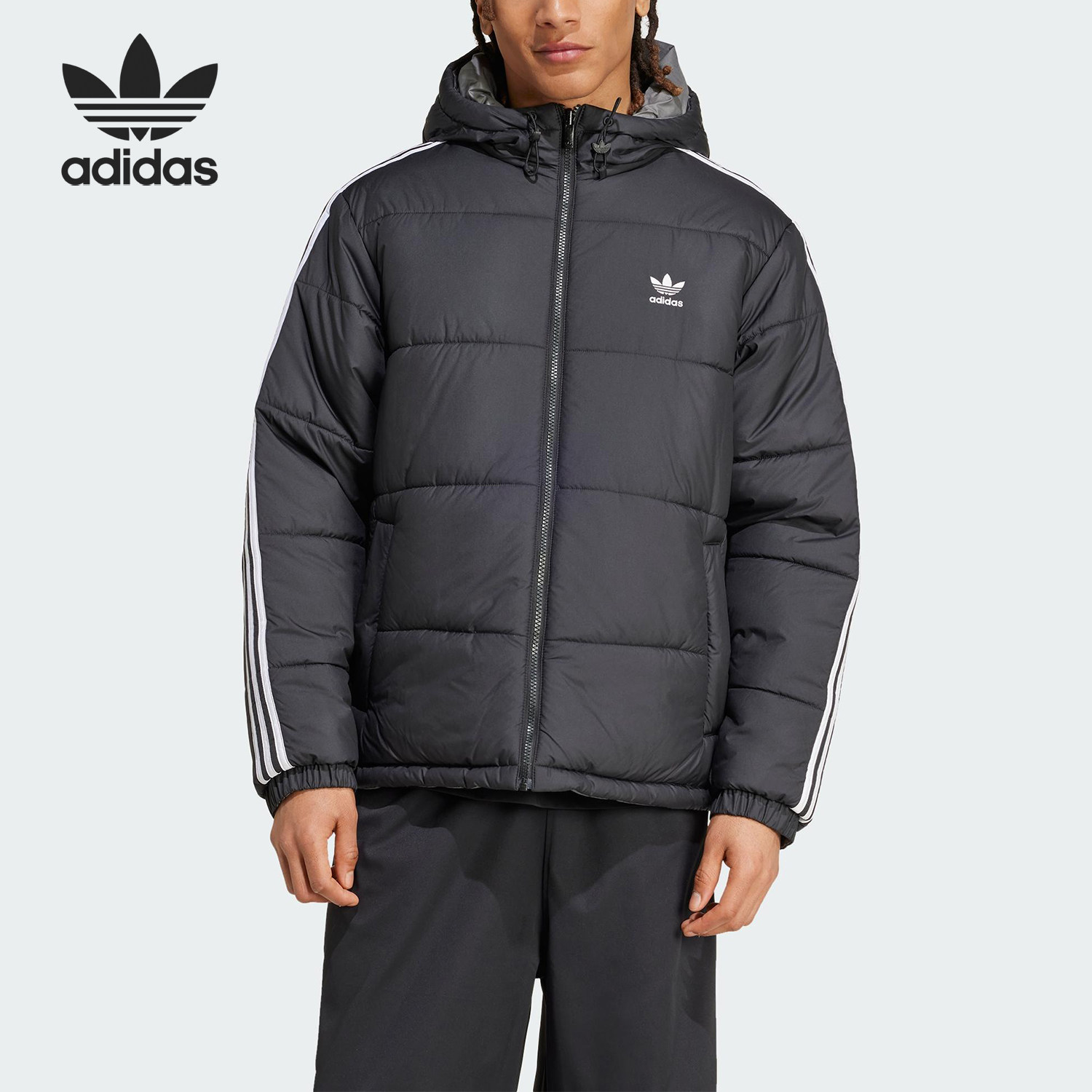 Adidas/阿迪达斯正品三叶草男士条纹拉链保暖休闲棉服JD9071