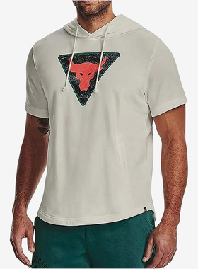 UA/安德玛正品夏季男士棉织宽松休闲印花连帽运动短袖1378019-130