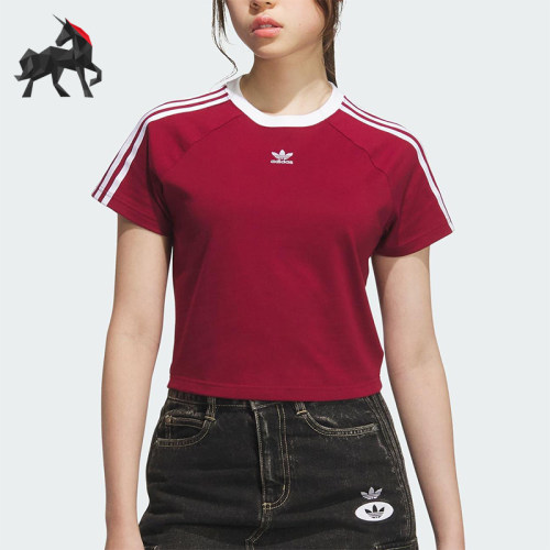 Adidas/阿迪达斯正品三叶草女士修身三条纹圆领透气短袖KF0314