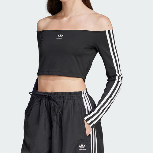 Adidas/阿迪达斯正品三叶草女士时尚一字肩经典修身长袖T恤JD0274