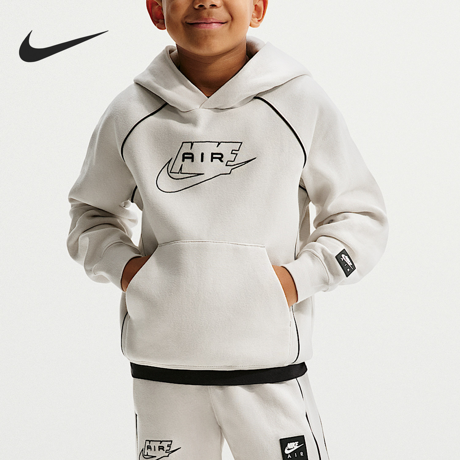 Nike/耐克官方正品Air新款儿童浅骨黑色保暖连帽卫衣II7350-072