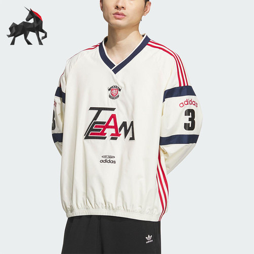 Adidas/阿迪达斯正品三叶草男士拼接宽松梭织V领长袖套头衫KC0112