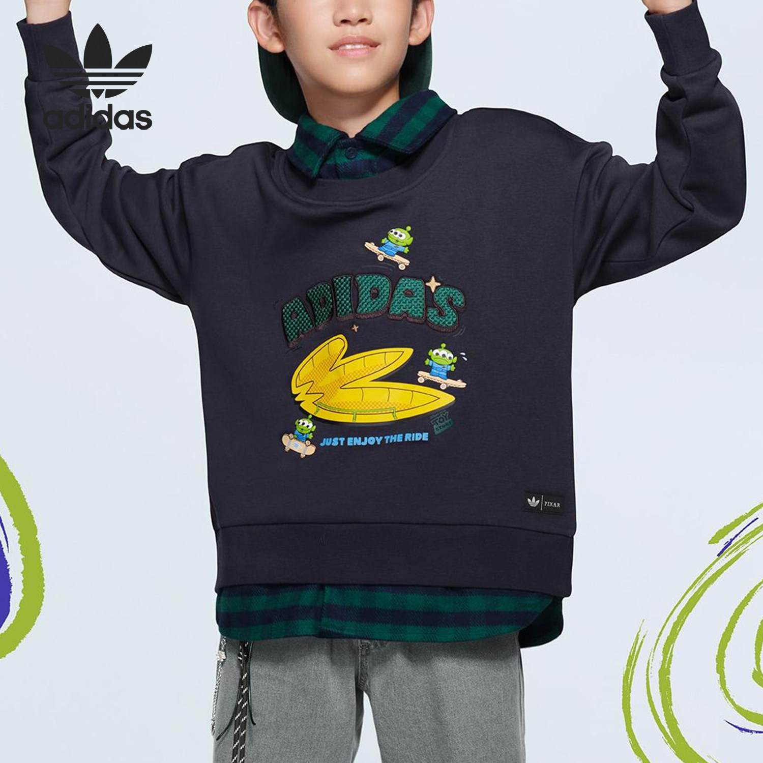 Adidas/阿迪达斯正品套头卫衣新款儿童经典藏青绿色卫衣KF7347