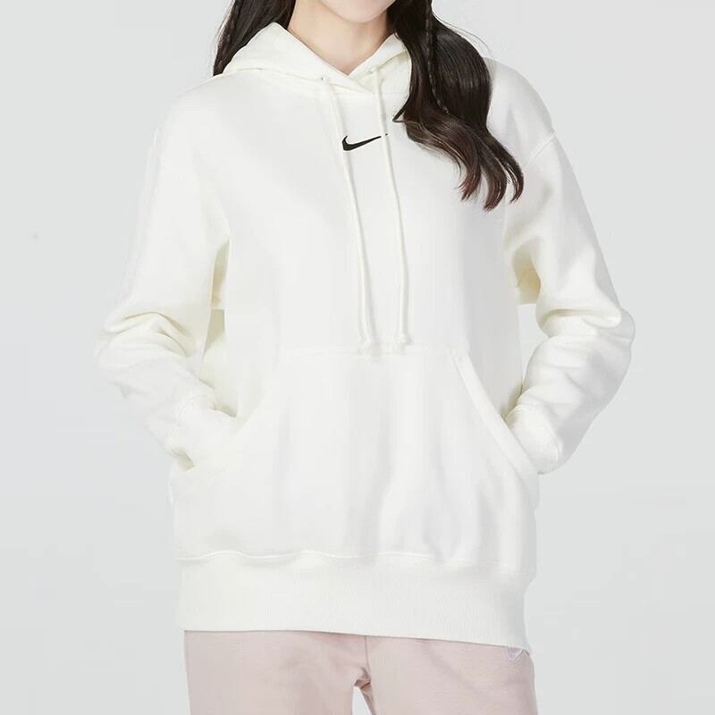 Nike耐克宽松卫衣女装加绒保暖连帽休闲运动外套白色套头衫DQ5861