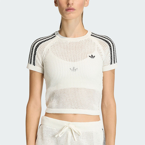 Adidas/阿迪达斯正品三叶草女条纹针织镂空修身短款短袖T恤KE0200
