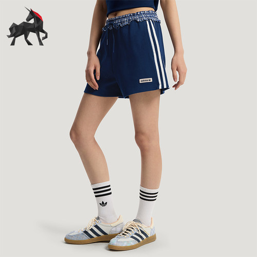 Adidas/阿迪达斯正品三叶草女士运动针织休闲格纹拼接短裤KU9394