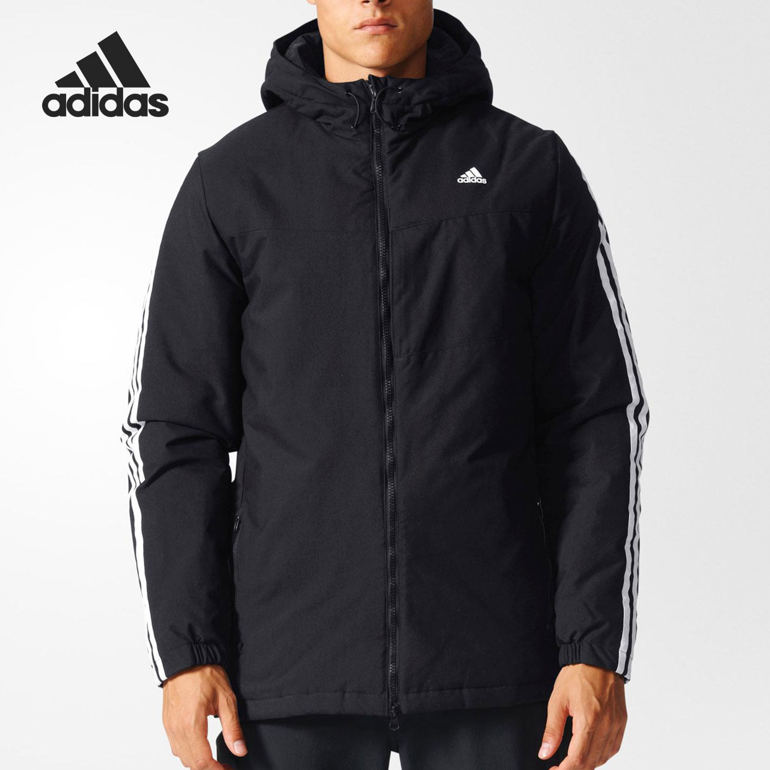 Adidas/阿迪达斯正品当季新款男子保暖连帽防风三条杠棉服BP9412