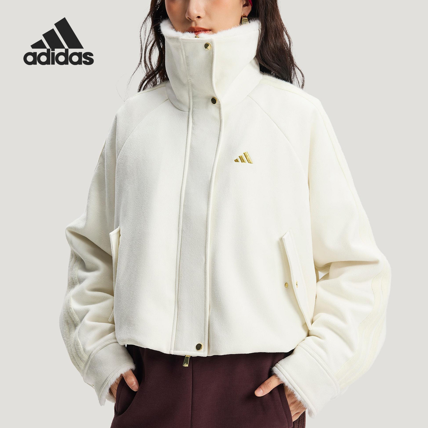 Adidas/阿迪达斯官方正品冬季女士宽松休闲高领毛绒外套KH2662