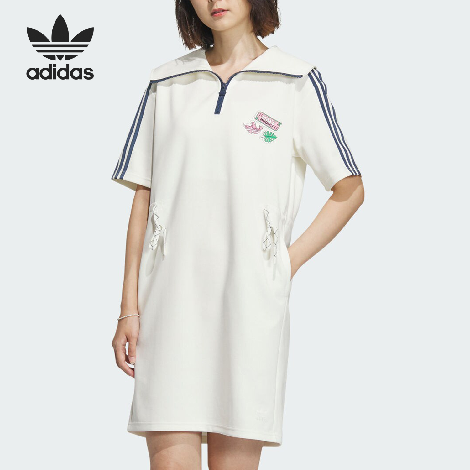 阿迪达斯女士休闲短袖翻领连衣裙