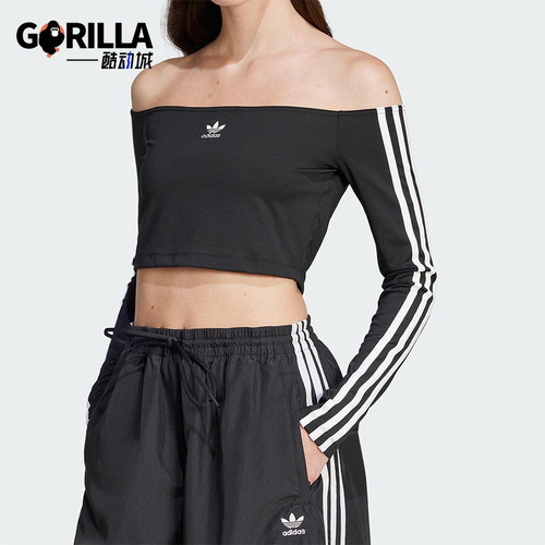Adidas/阿迪达斯正品三叶草女士时尚一字肩经典修身长袖JD0274