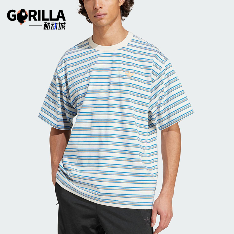 Adidas/阿迪达斯正品2025夏季三叶草男士经典宽松条纹短袖KB8355