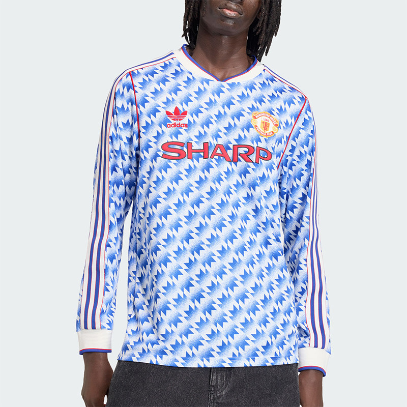 Adidas/阿迪达斯三叶草新款男蓝白色经典球场长袖T恤球衣JM5498