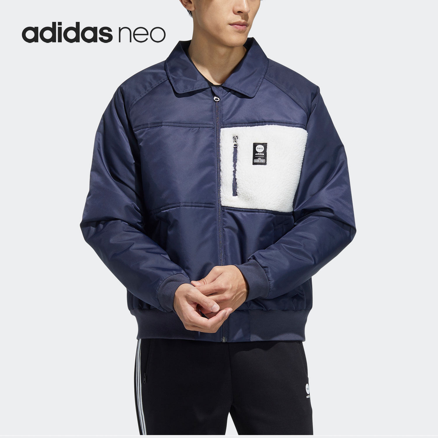 Adidas/阿迪达斯官方正品NEO男子运动休闲拼接保暖翻领棉衣HD7303