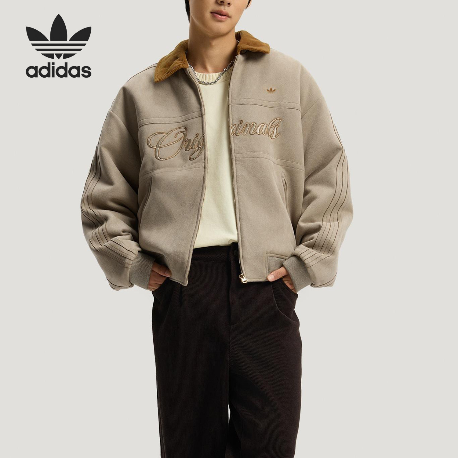 Adidas/阿迪达斯官方正品三叶草男士新年款字母印花棉服KT0674