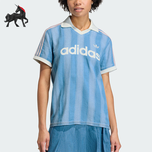 Adidas/阿迪达斯正品三叶草新款女浅蓝白色社交经典短袖T恤KD5448