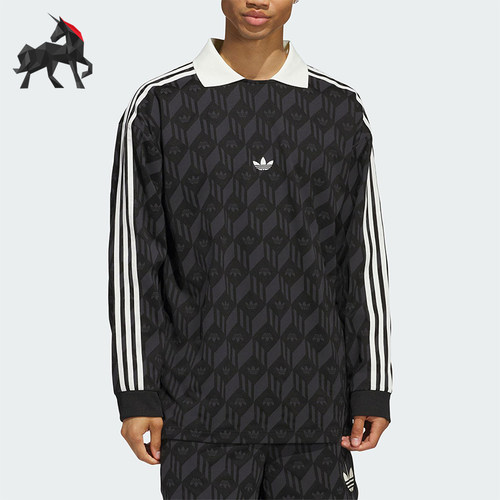 Adidas/阿迪达斯正品三叶草男女同款印花复古翻领长袖T恤JD5196